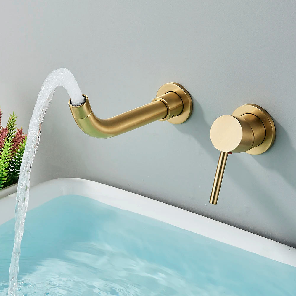 Bathroom Basin Faucet Brushed Golden Concealed Wall Mounted Faucet Tap 360 Rotation Single Handle Hot Cold Water Bath Mixer Tap