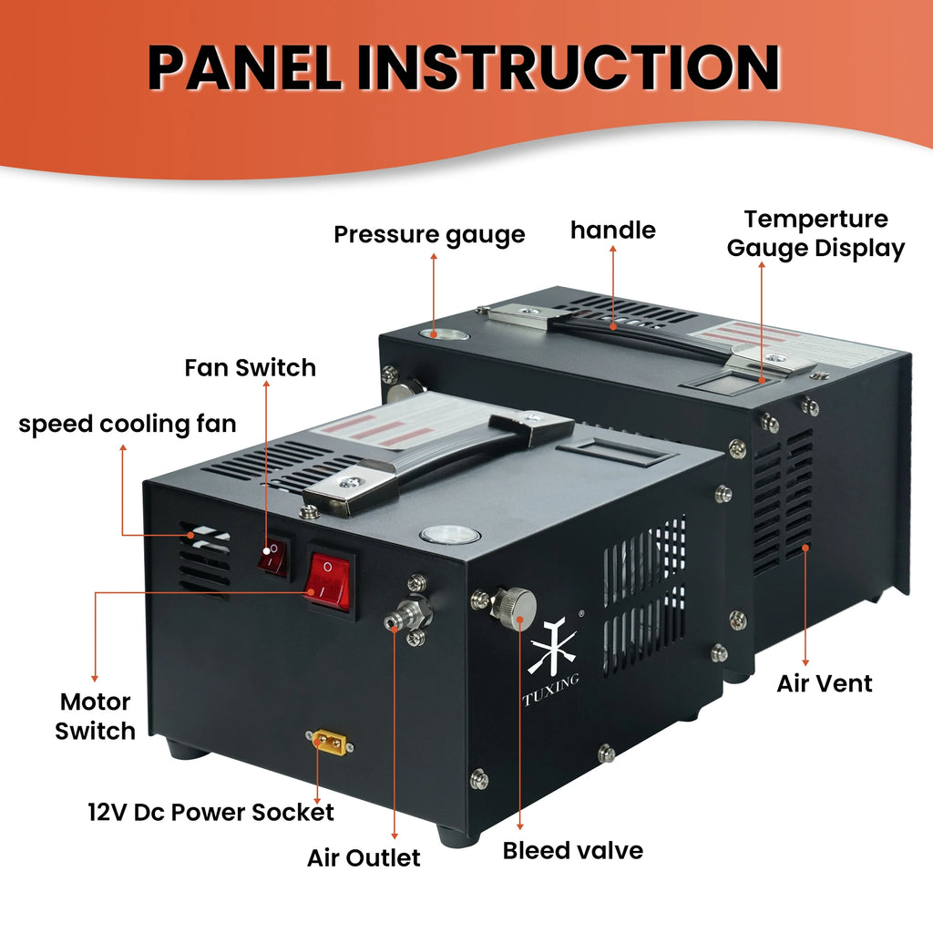 TUXING TXES061 300Bar 12V PCP Air Compressor 4500Psi Portable High Pressure Compressor with Transformer for Diving Scuba Tank