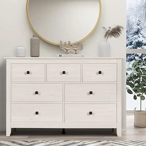 7 Drawer Dresser - Wooden Bedroom Dressers, Storage Drawers Cabinet for Bedroom, Living Room, Farmhouse Chest of Drawers, White