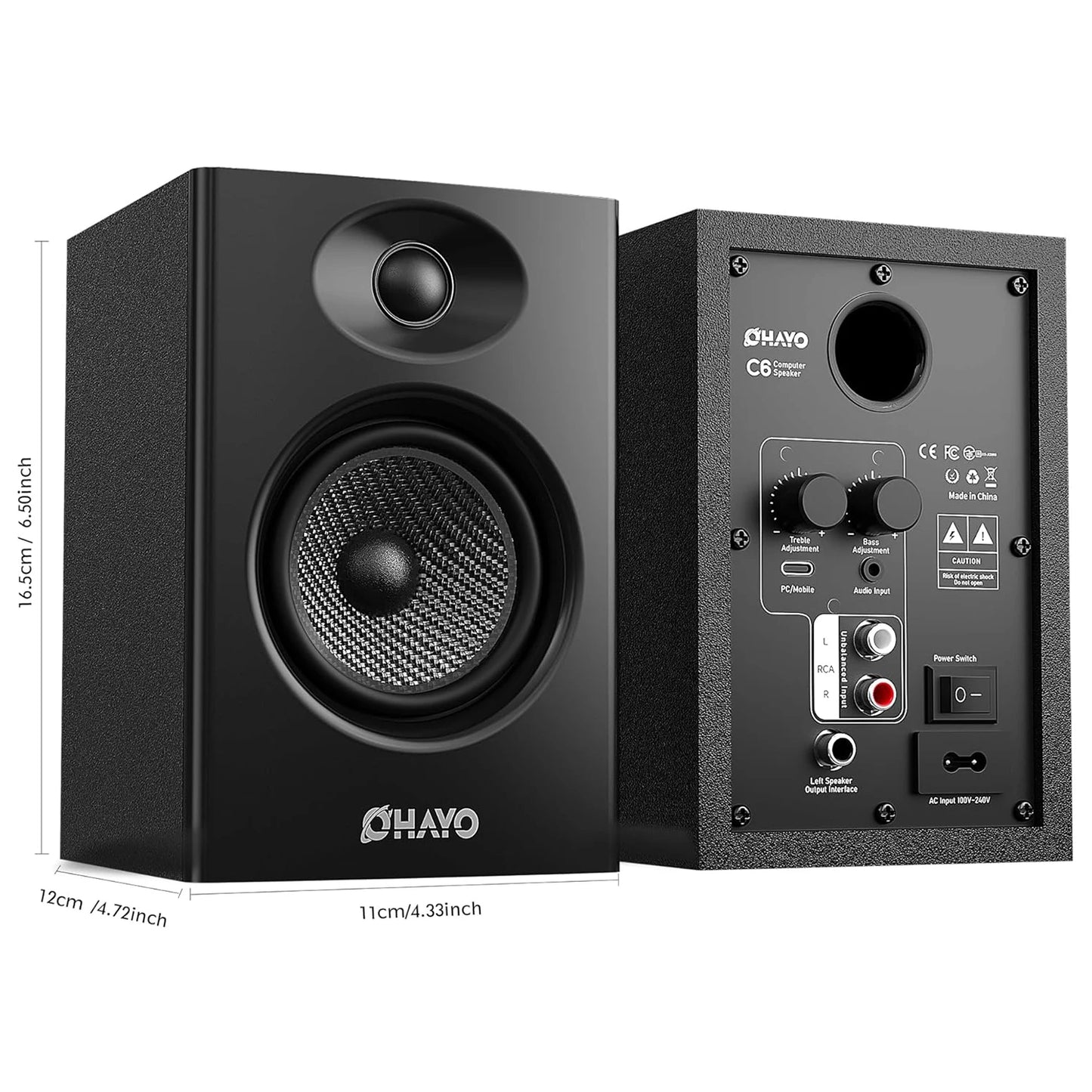 OHAYO 60W Computer Speakers for Music Gaming, Active Bluetooth 5.3, Stereo 2.0 Speakers for Desktop PC or Laptop, Aux RCA Input