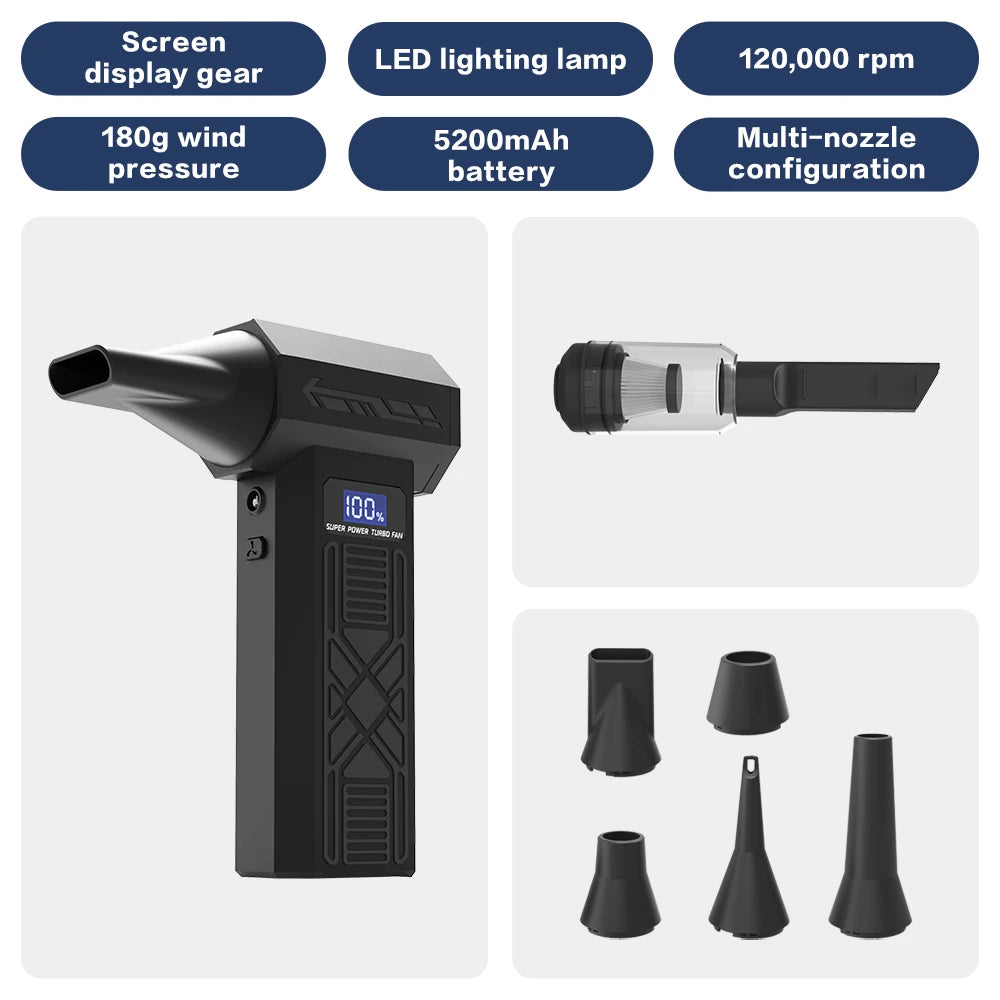 Powerful Turbo Fan X3 Electric Air Duster with 3 Gear 130000RPM 52m/s Brushless Portable Dust Blower Gun Cleaning Blower Tool