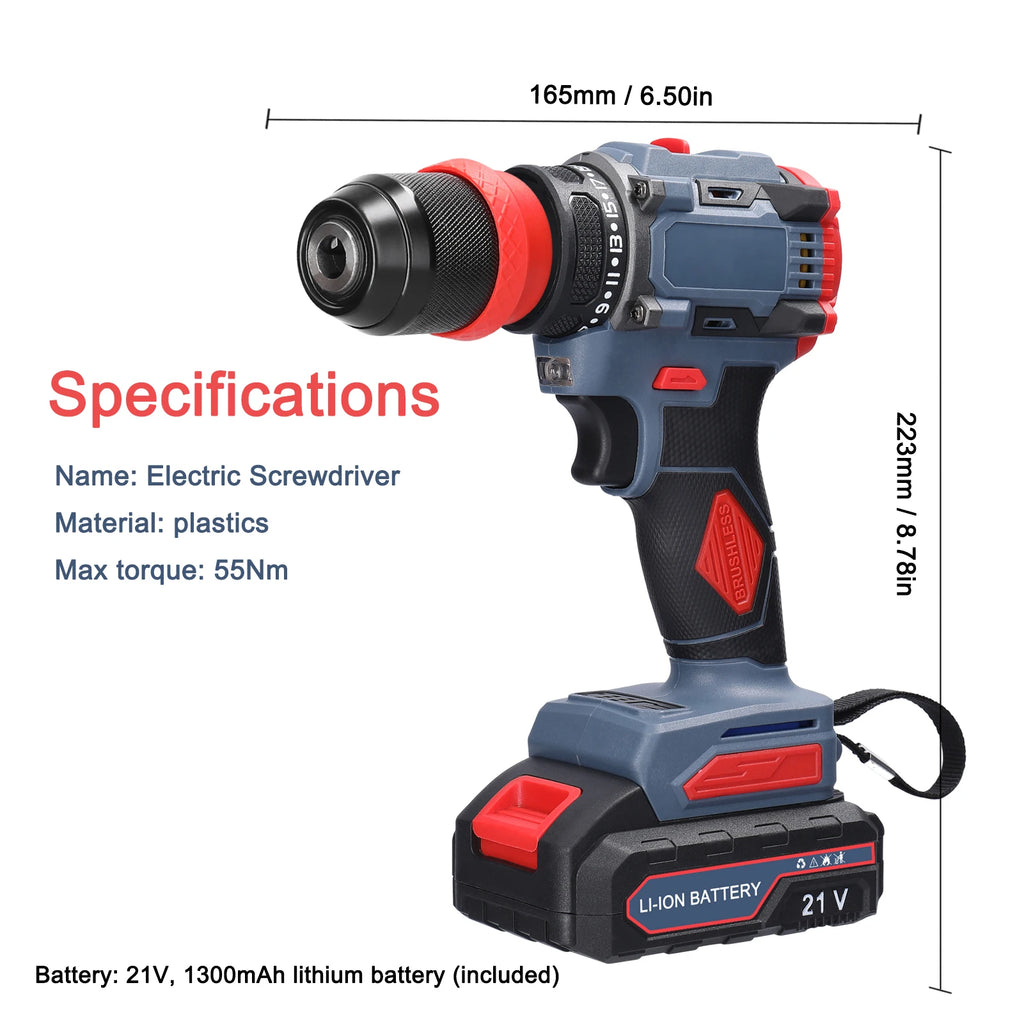 21V 2in1 Lithium Drill Electric Screwdriver Power Tool 55Nm Torque Brushless Motor Practical Screw Driver for Home Appliances