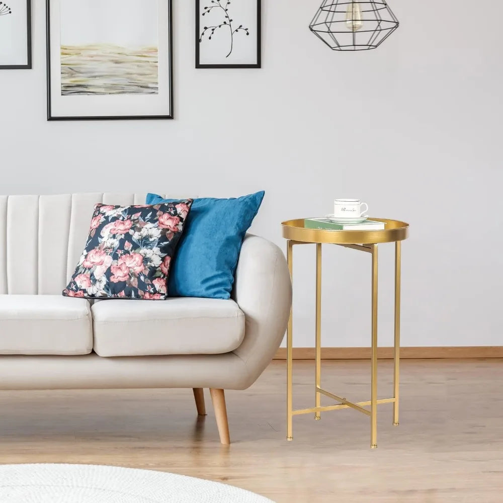 Tray Metal End Table, Gold Round Foldable Side Table Small Decorative Sofa Snack Coffee Plant Stand Table (Golden Tray)