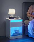 VASAGLE bedside table with adjustable LED lighting, side table table with sockets, drawer, 2 AC sockets, 2 USB ports