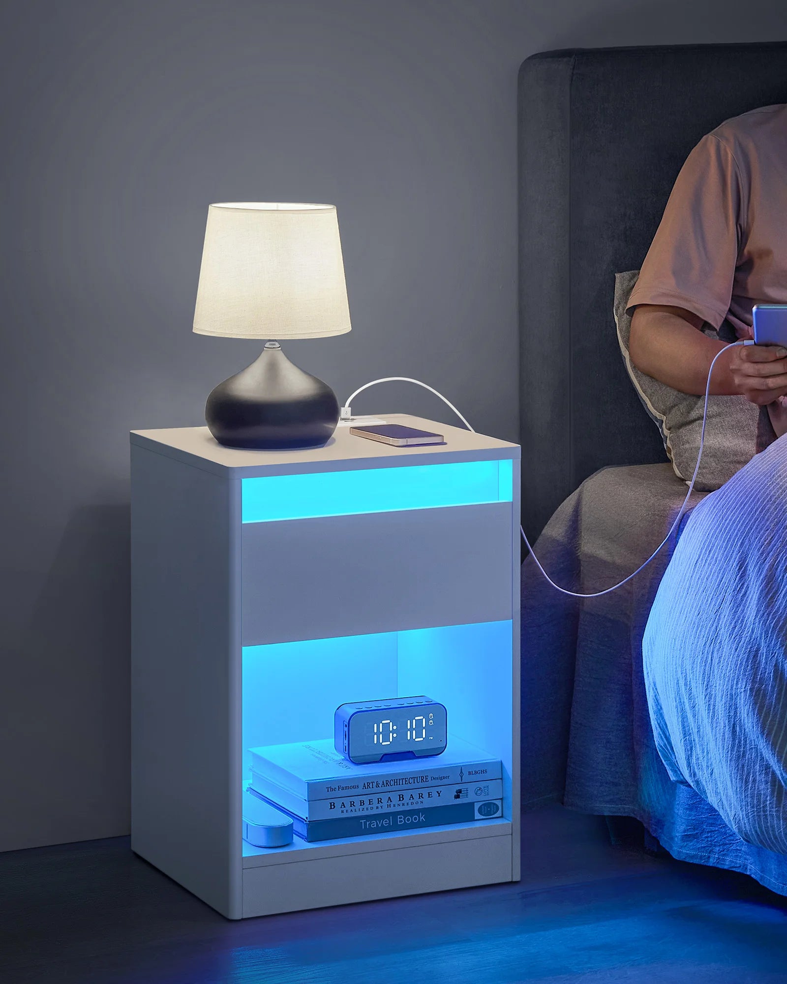 VASAGLE bedside table with adjustable LED lighting, side table table with sockets, drawer, 2 AC sockets, 2 USB ports