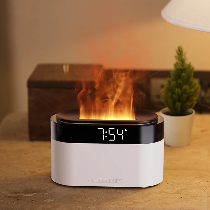 LED Clock Ultrasonic Air Humidifier with Colorful Flame Night Light an