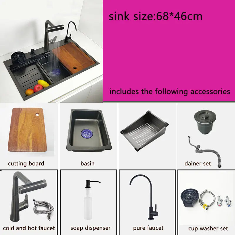 kitchen sink waterfall faucet honeycomb anti-scratch nano technology left drain Stainless Steel sinks 4 function kitchen faucet