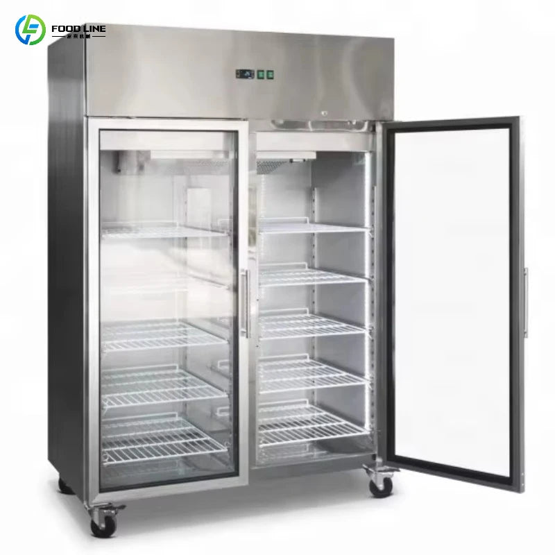 Hotel Kitchen 2 Glass Door Stainless Steel Display Deep Commercial  Refrigerator