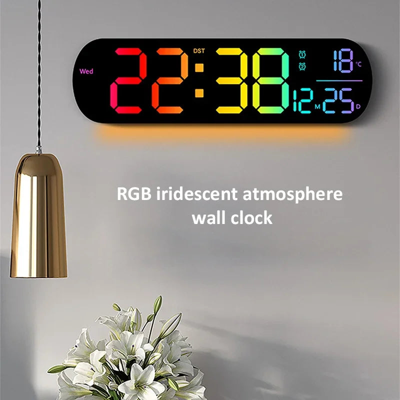 14'' LED Wall Clock Digital  Alarm Clock With Remote Control RGB Ambient Lights Dual Alarm Wall Clock for Living Room Home Decor