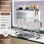 Multifunctional Stainless Steel Kitchen Sink Rack Double Dust-proof Table Top Dishes Storage Cabinet Household Drain Rack Tool