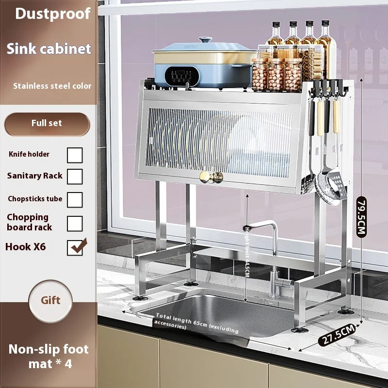 Multifunctional Stainless Steel Kitchen Sink Rack Double Dust-proof Table Top Dishes Storage Cabinet Household Drain Rack Tool