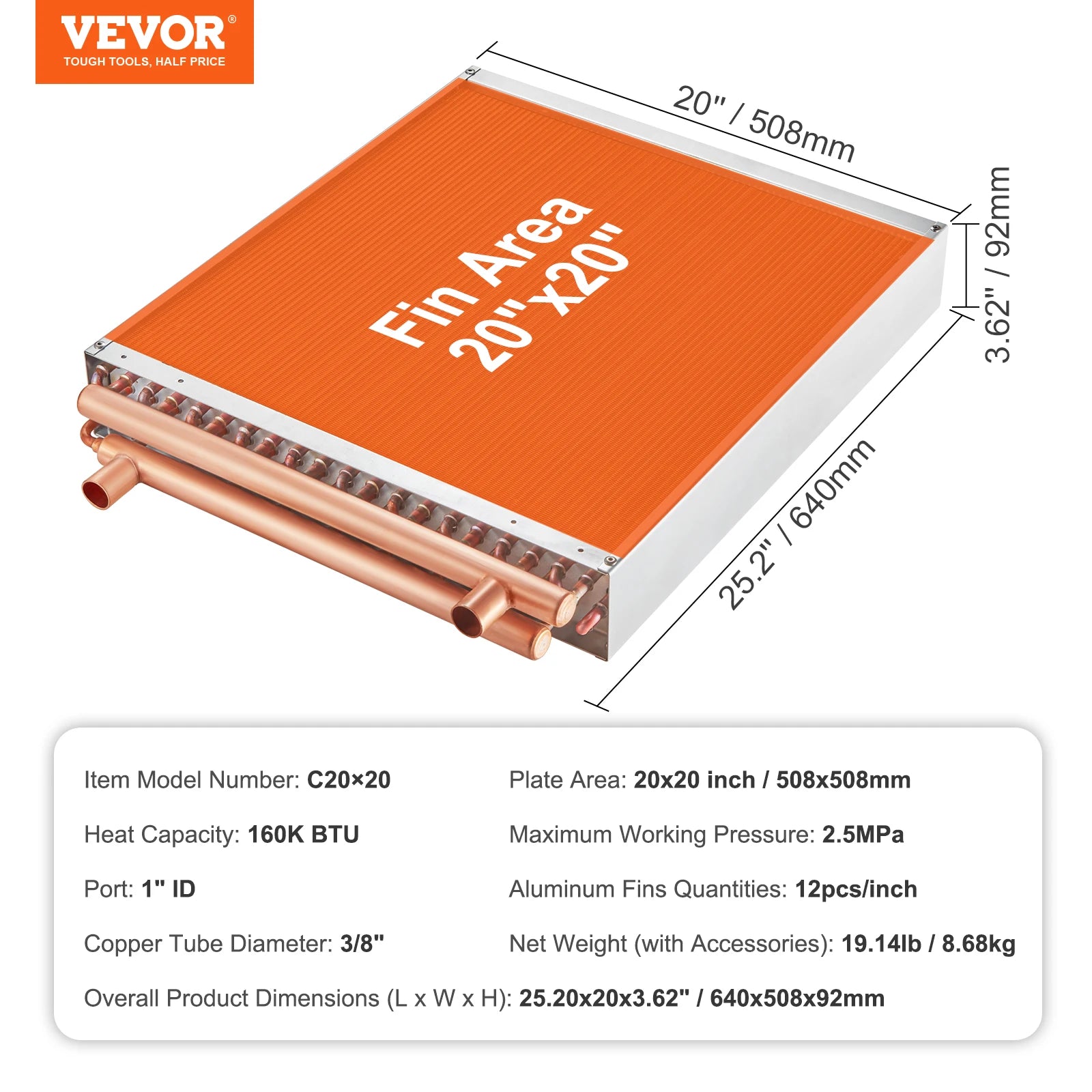 VEVOR Heat Exchanger Water to Air 18"x 20" for Outdoor Wood Furnaces Residential Heating and Cooling and Forced Air Heating