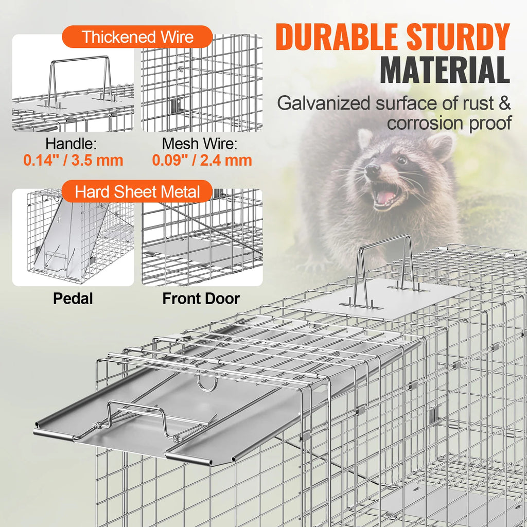 VEVOR 24/31/42/50in Live Animal Cage Trap Folding Humane Cat Trap Galvanized Iron with Handle for Rabbits Squirrels Groundhogs