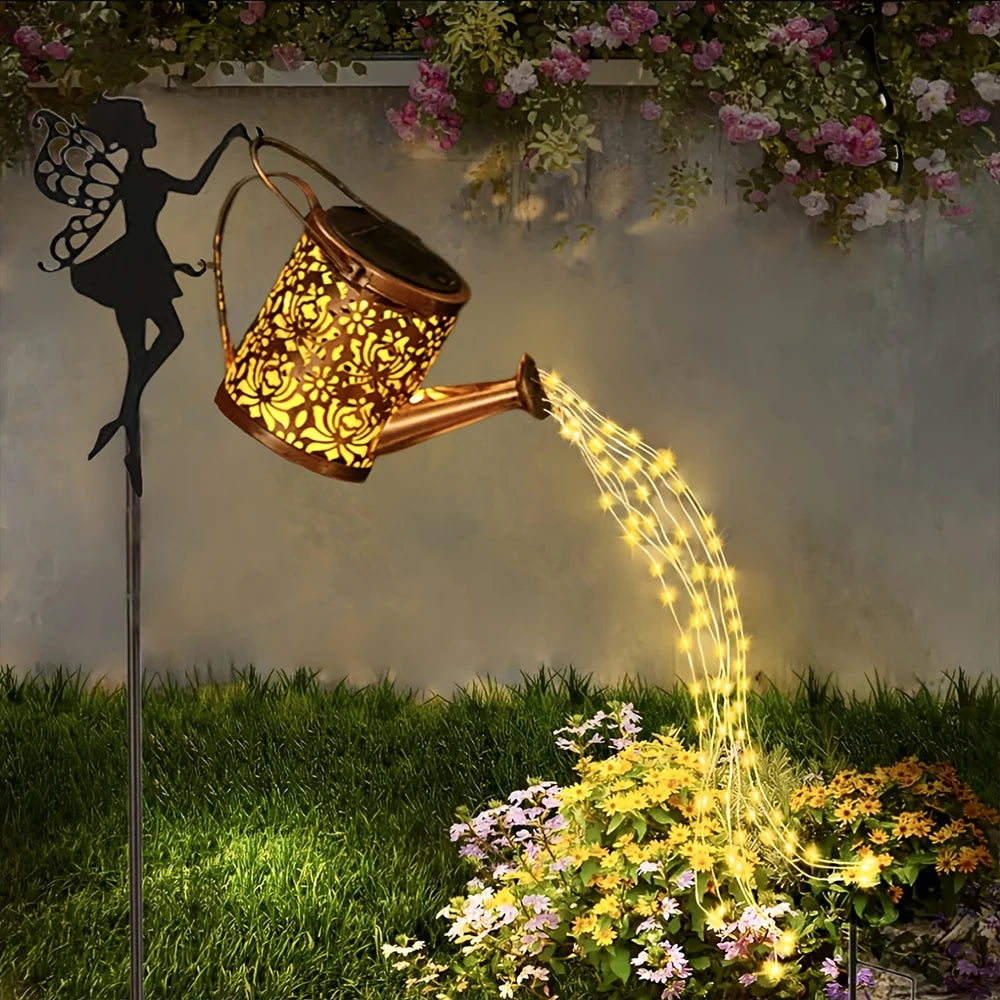 Solar Fairy Watering Can Lights Vintage Metal Garden Decor Outdoor Solar Hanging Kettle Light Waterproof Villa Yard Decoration