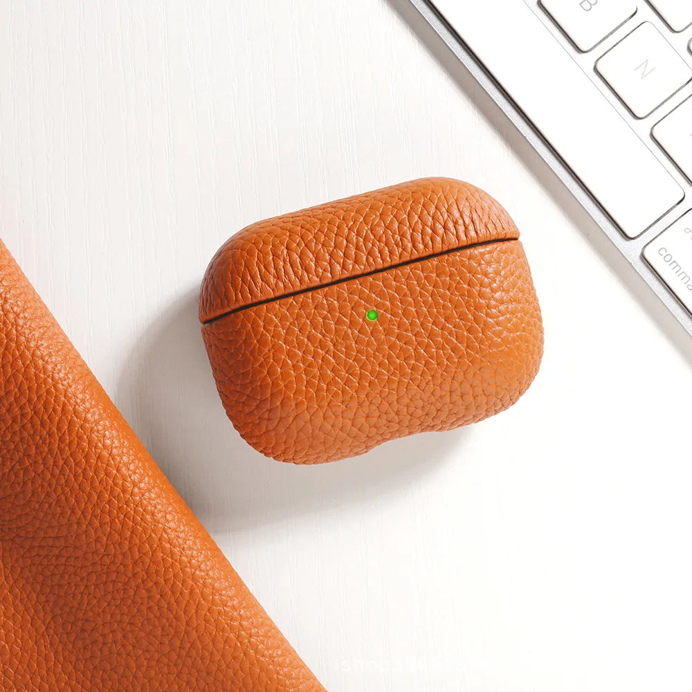 For AirPods Pro 3 Lychee Pattern Cowhide Leather Case for Airpods 4 3 2 1 Pro All-inclusive Earphone Protection Handmade Cover