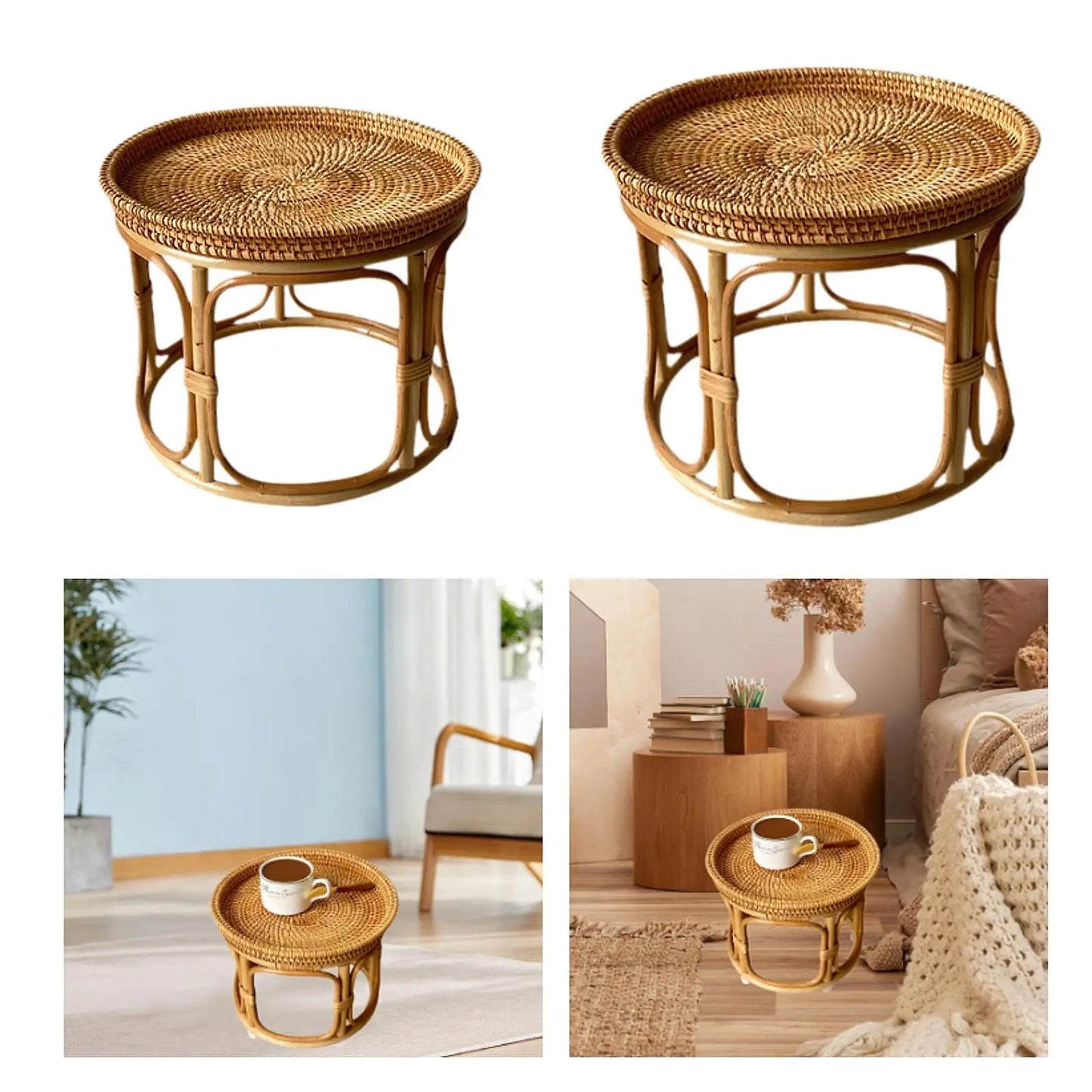 Rattan Side Table, End Table Tray Organizer Decorative Coffee Table NightStand for Office Indoor Proch Patio Room