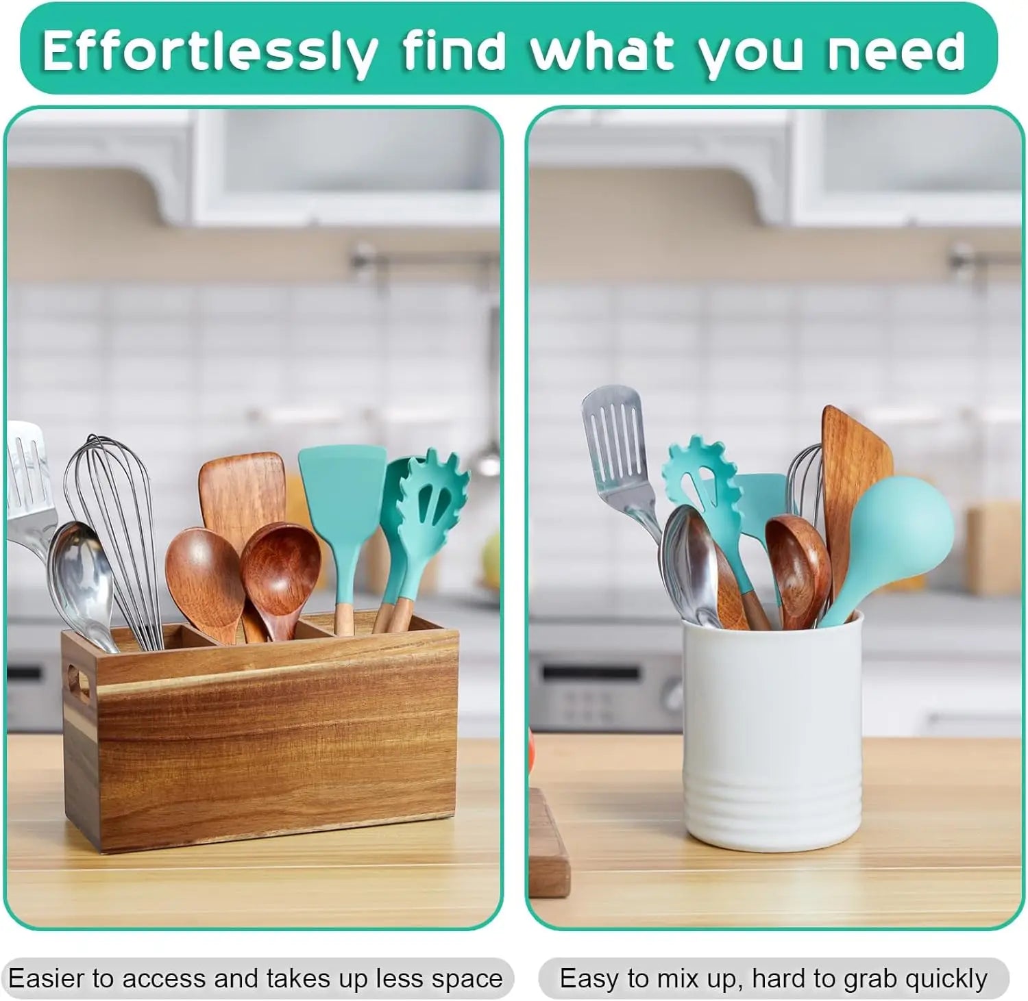 Wooden Silverware Holder Kitchen Utensil Caddy with 3 Compartments Cutlery Storage Organizer For Spoon Fork Holder Countertop