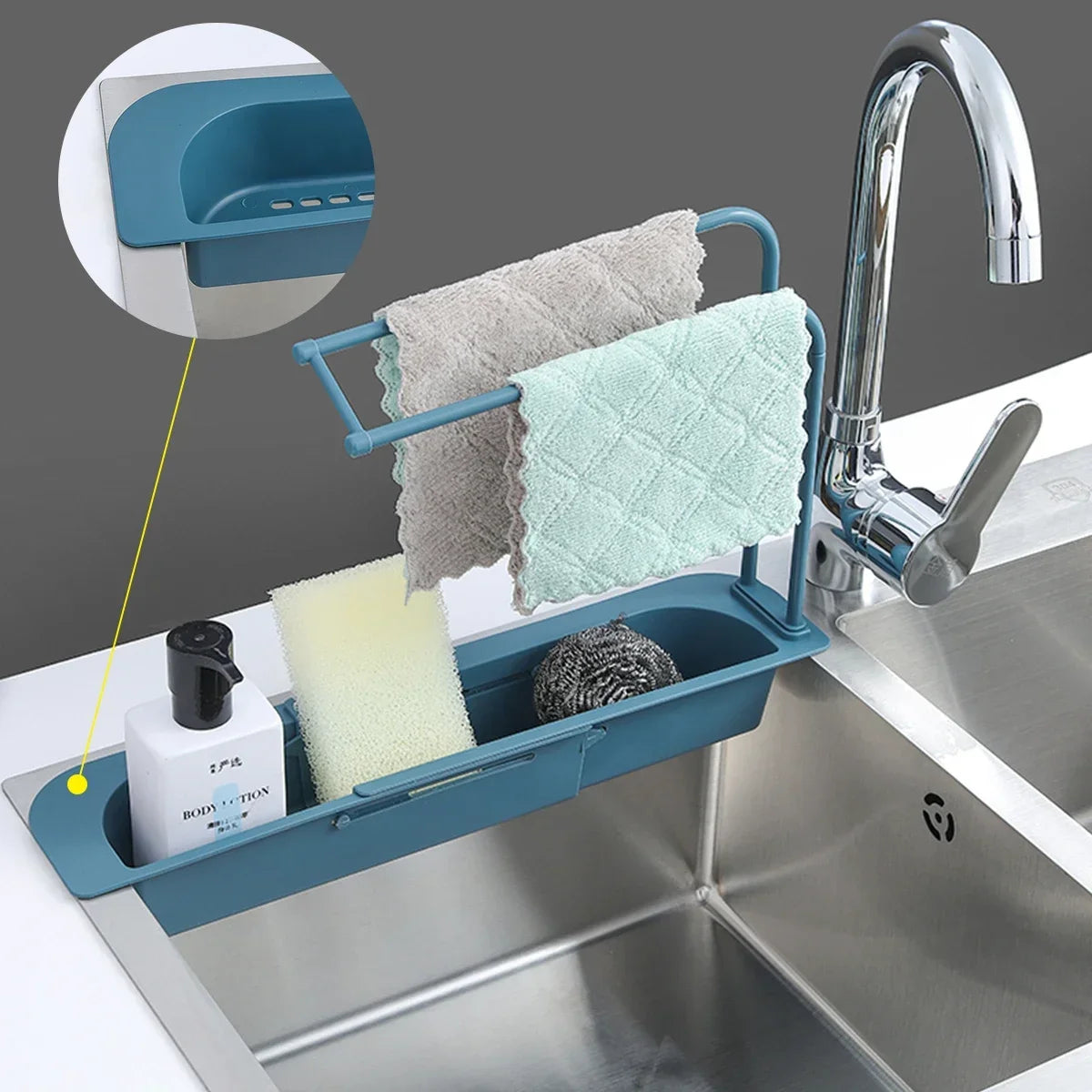 Adjustable Bathroom and Kitchen Tool: Sink Rack, Organizer, Drainer, Storage Basket, Faucet Holder, Telescopic