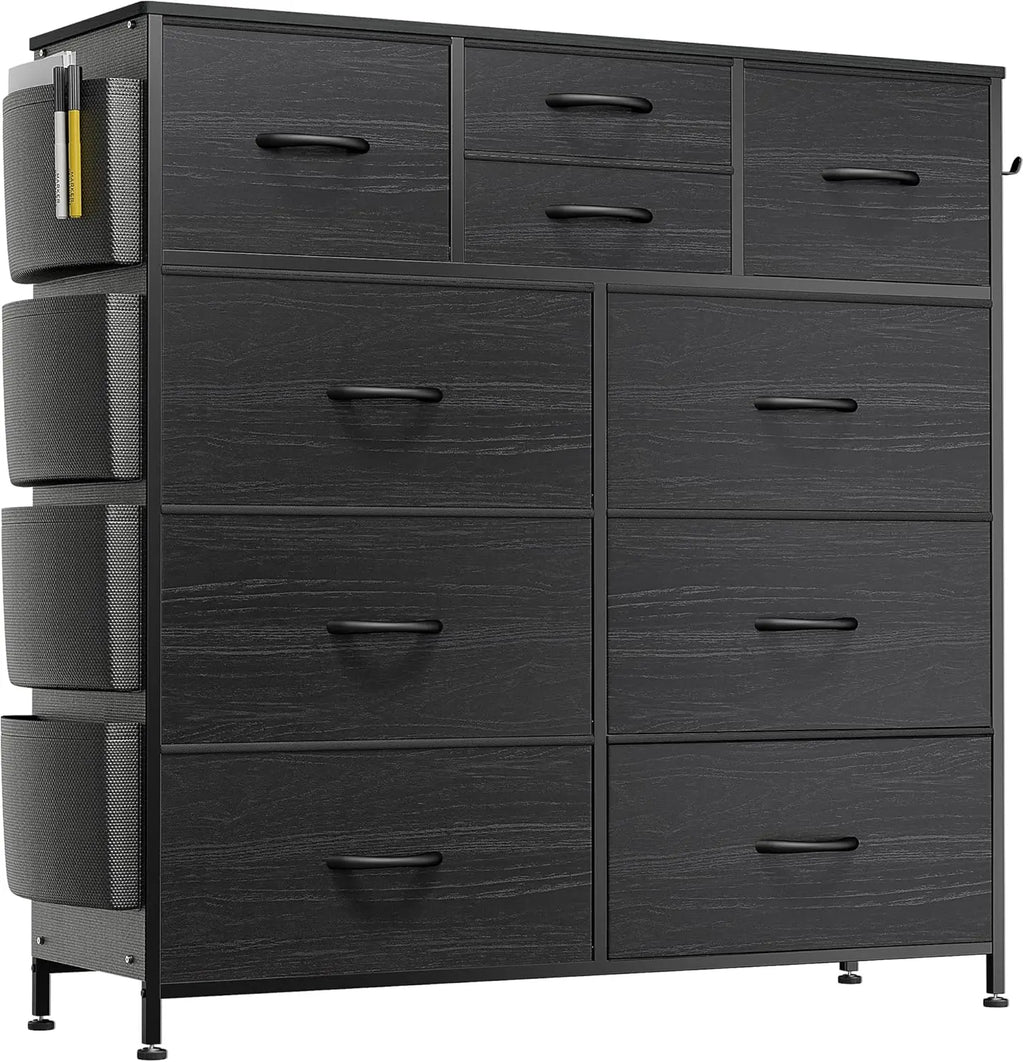 Dresser for Bedroom Chest of Drawers with Side Pockets and Hooks, Fabric Storage Organizer Unit for Living Room, Hallway, Closet