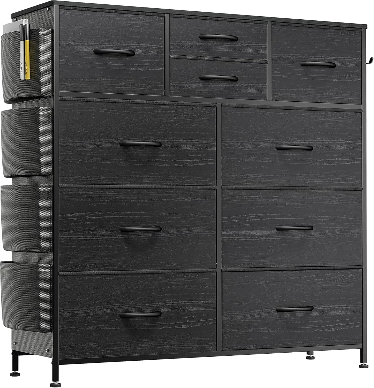 Dresser for Bedroom Chest of Drawers with Side Pockets and Hooks, Fabric Storage Organizer Unit for Living Room, Hallway, Closet