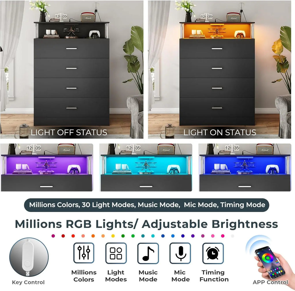 Dresser for Bedroom with Column Design,4 Drawer Dresser with Charging Station, Modern Bedroom Led Tall Black Dresser for Bedroom