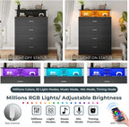 Dresser for Bedroom with Column Design,4 Drawer Dresser with Charging Station, Modern Bedroom Led Tall Black Dresser for Bedroom