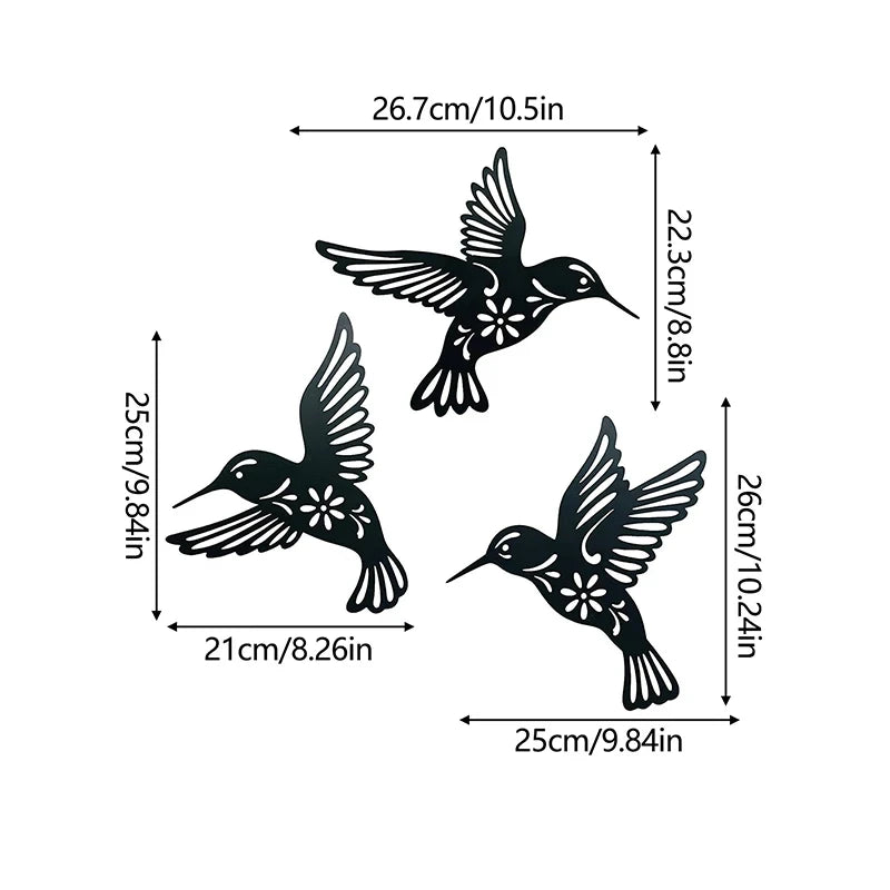 DDPNKL 3Pcs/Set Black Metal Hummingbird Wall Decor Hollow Out Iron Art Bird Sculpture Ornament Waterproof Hanging Figurines