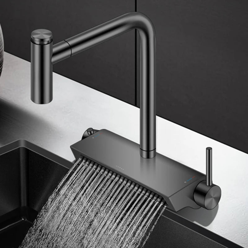 Black Brass Waterfall Faucet Hot And Cold Water Kitchen Faucet Single Handle Switch Pull Out 360 Degree Kitchen Mixer Tap