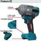 Cordless Brushless Electric Impact Wrench 1/2" 3000N.m Torque Rechargeable Auto Car Repairing Wrench For Makita 20V Battery