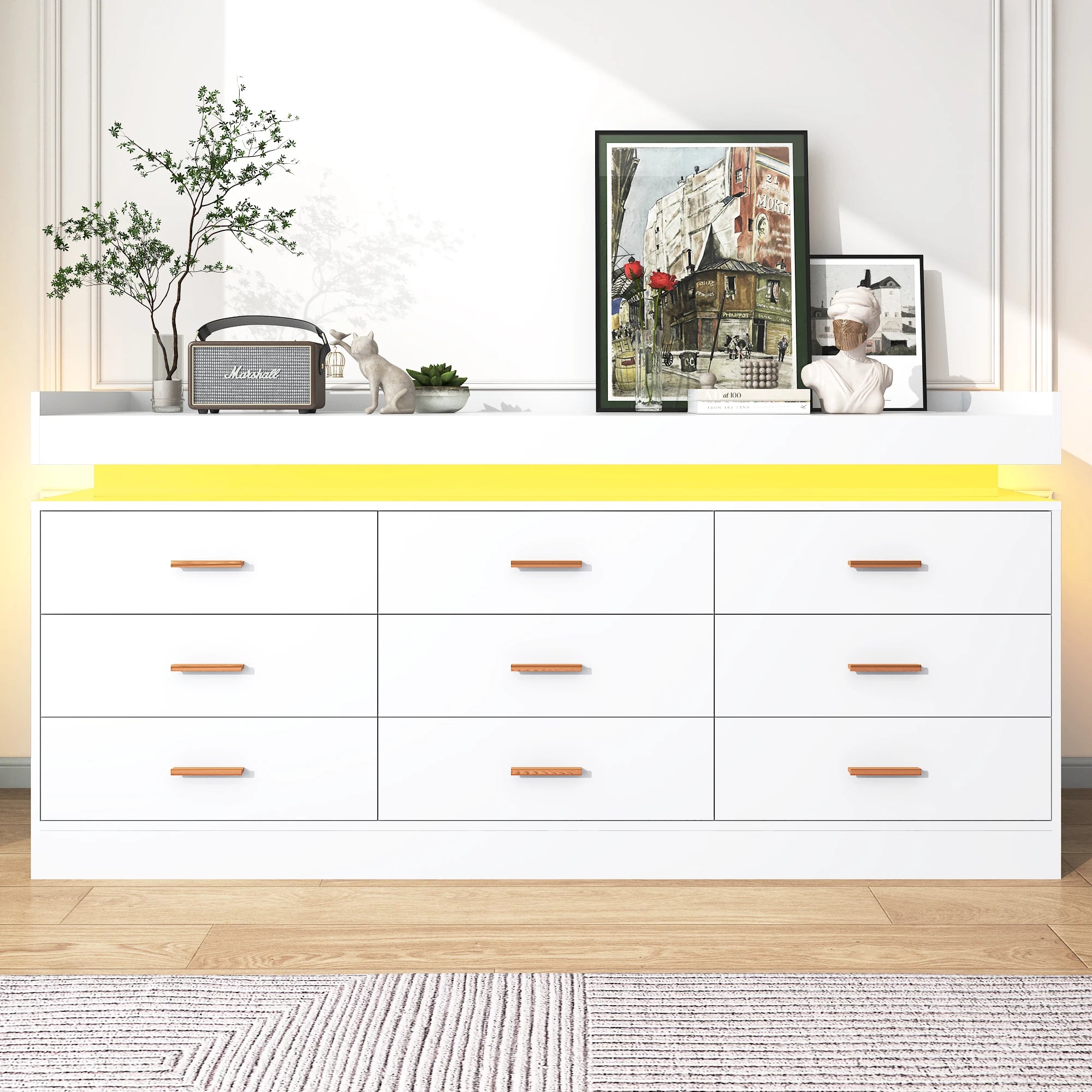 9 Drawer Dresser with LED Light & Charging Station, Modern Chest of Drawers for Closet, 63" Wide Drawer Organizer Cabinet