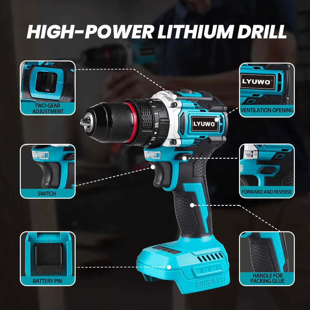 LYUWO Lithium Battery 21V Rechargeable Brushless Compact Electric Screwdriver Hand Drill Impact Drill LW-DZ20