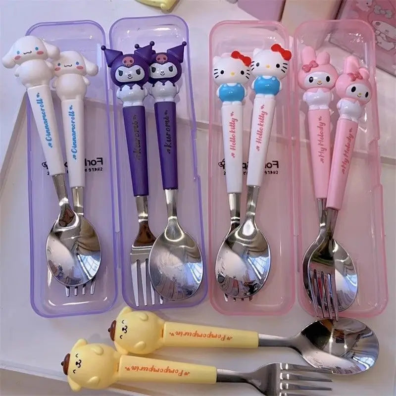Cartoon Cutlert Set Kuromi Hello Kitty Melody Spoon Fork Stainless Steel Cute Kid Tableware Kitchen Supplies Boy's Girl's Gift