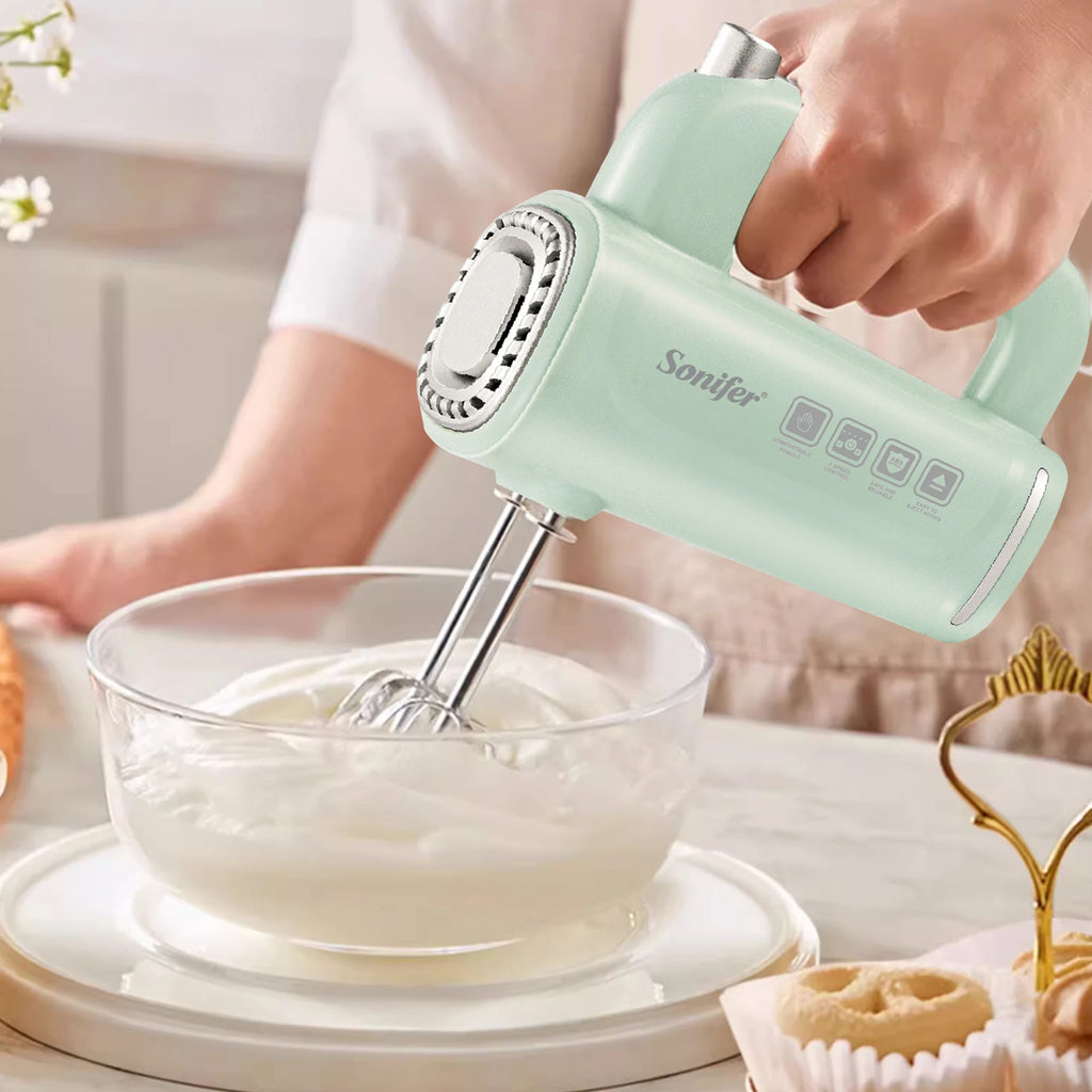 "Sonifer Hand Mixer SF-7034 .Light green appearance, fresh color .New food grade high strength ABS materiel .5 gears sliding adj