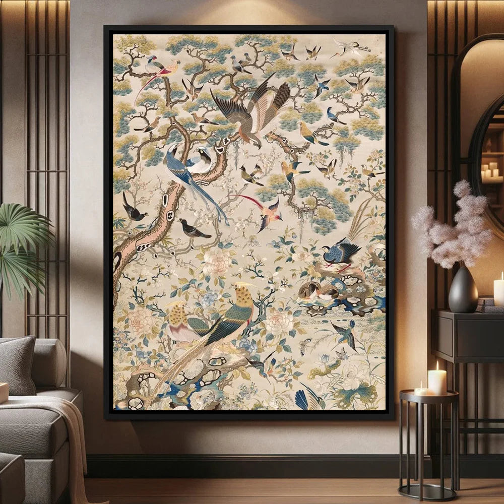 Retro Medieval Style Art Posters Print "Flowers And Birds Harmony Picture" Tropical Birds Plant Mural Home Decor Canvas Painting