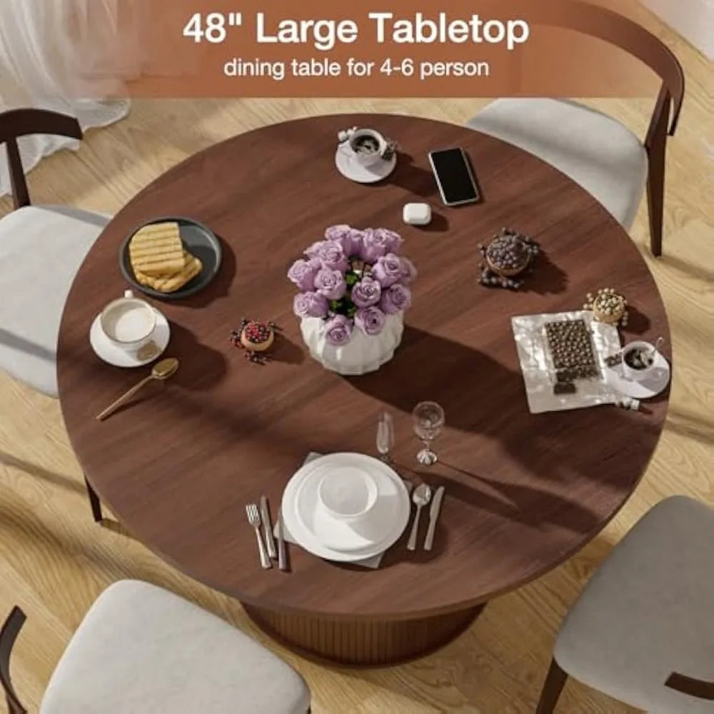 48'' Round Dining Table for 4-6 Kitchen Dining Table with Storage Dinner Room Table with 2-Layer Shelf and Wood Slide Door for