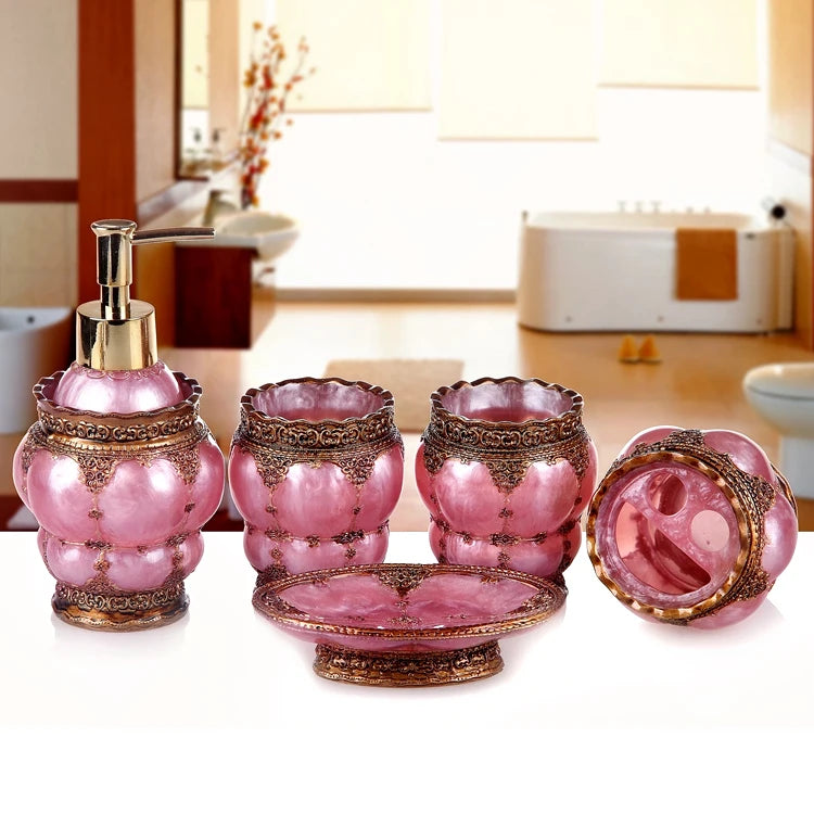European 5pcs Bathroom Set/Resin Bathroom Accessories Kit/Toothpick Holder/Soap Dispenser/Tooth Brush Holder/Cup Soap Dish Tray