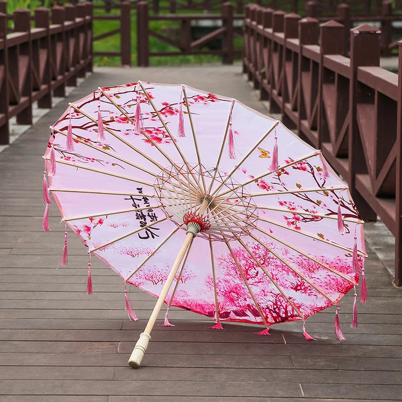82cm Pink Flowers Silk Decorative Umbrella Han Cos Props Tassel Umbrella Ancient Chinese Classic Oil Paper Parasol