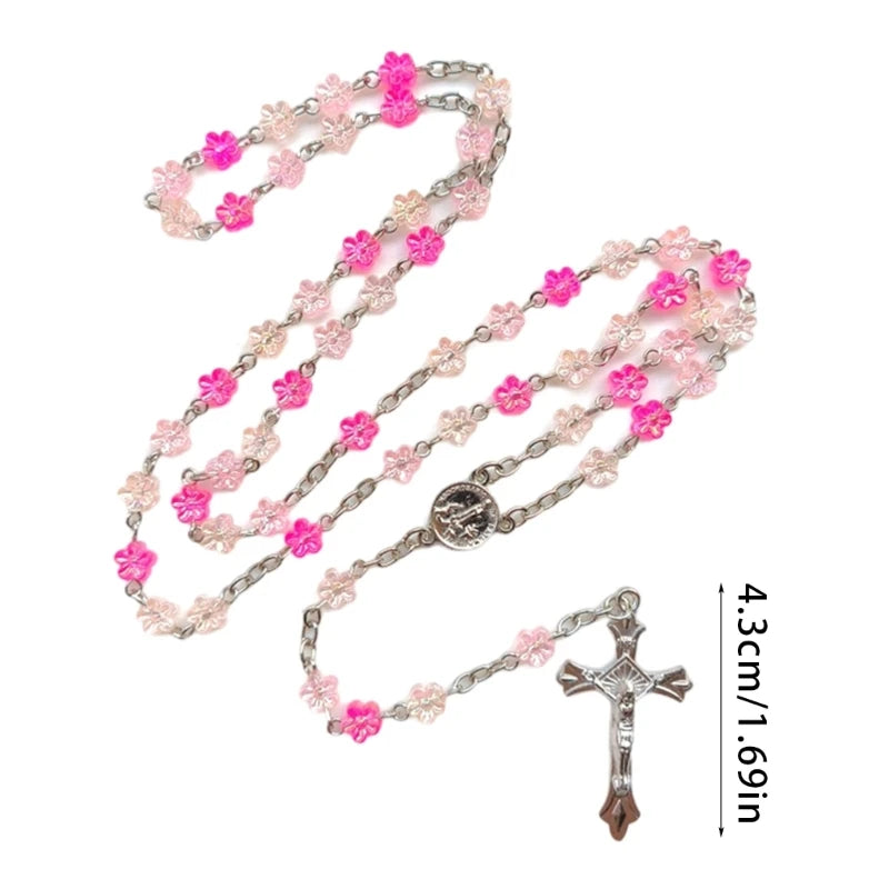 Flower Beads Crosses Rosary Necklace Hangable Pendants Long Chain for Womens Men Religious Neckchain Praying Meditations