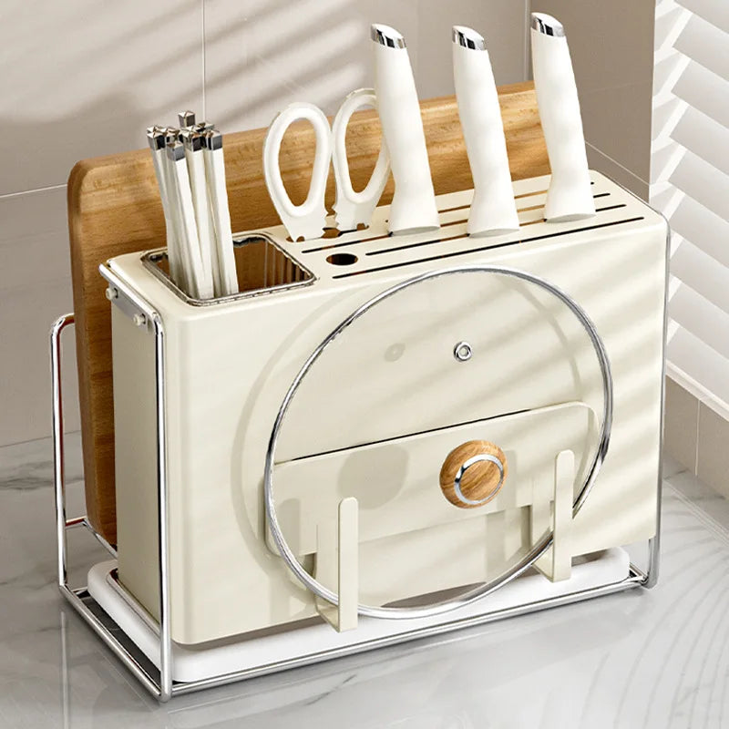 Kitchen Knife Holder Rack with Lid Stand and Chopstick Storage Magnetic Drain Design for Countertop Organization Use