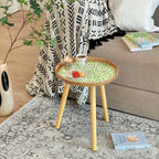 Rattan Round End Table, Boho Side Table for Living Room with Mother of Pearl Inlay, Small Coffee Table Wicker Bedsid Table