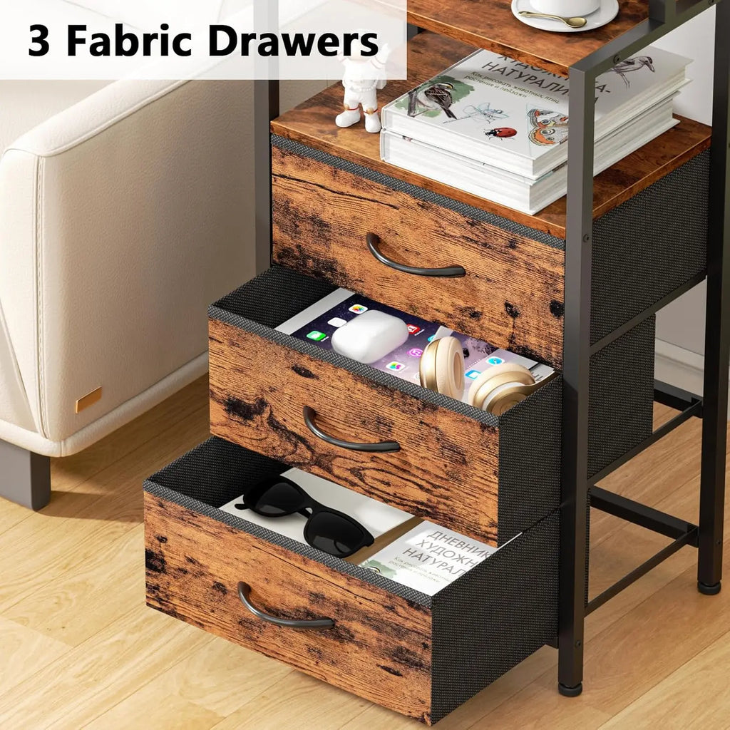Night Stand, Tall Nightstand with 4-Tier Shelves and 3 Fabric Drawers, LED Bed Side Tables with Charging Station, Bedside Table