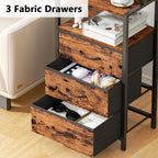 Night Stand, Tall Nightstand with 4-Tier Shelves and 3 Fabric Drawers, LED Bed Side Tables with Charging Station, Bedside Table