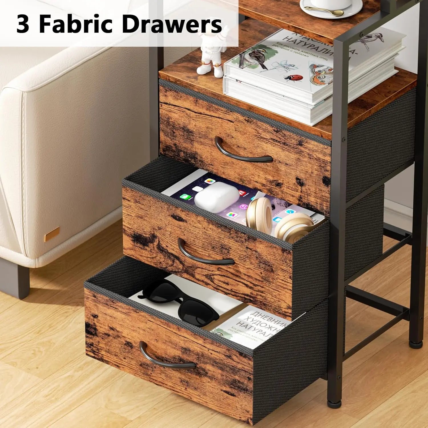 Night Stand, Tall Nightstand with 4-Tier Shelves and 3 Fabric Drawers, LED Bed Side Tables with Charging Station, Bedside Table