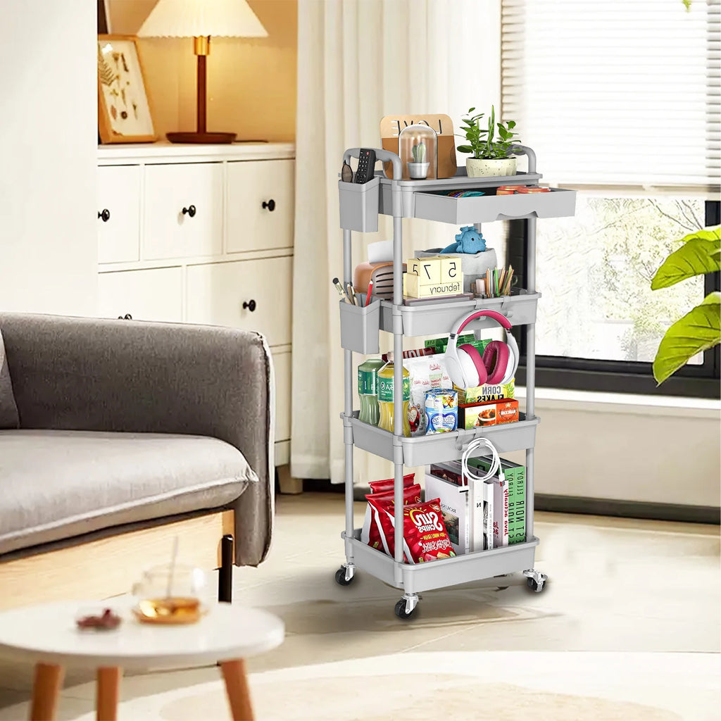 4 Tier Rolling Utility Cart with Drawer,With Drawer & Extended Poles,With Plastic Shelf & Lockable Wheels,Smooth Mobility