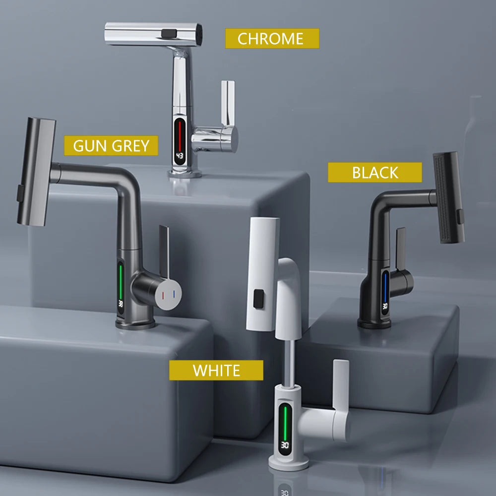 Gun Grey Intelligent Digital Display Waterfall Pull Out Kitchen Faucet Cold Hot Mixer Taps Rotatable Sink Lifting Basin Faucet