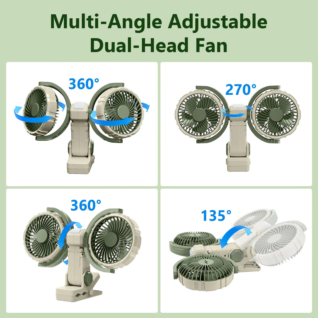 Eary Dual Head Clip On Fan Mount For Desktop With 4000mAh Battery Oper