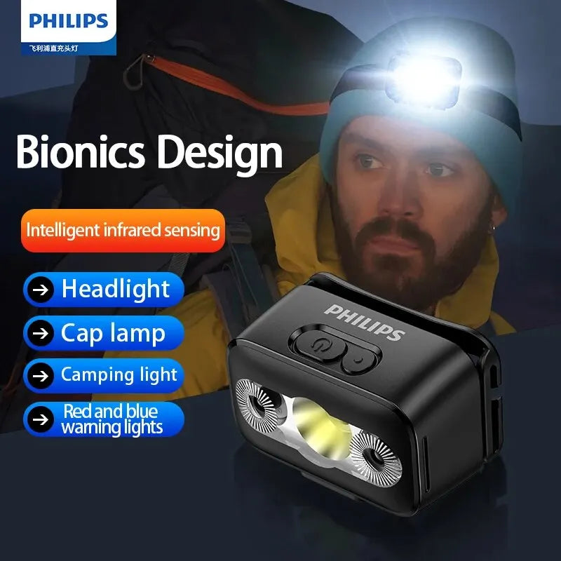PHILIPS LED Headlamp – Rechargeable, 10 Modes, Motion Sensor