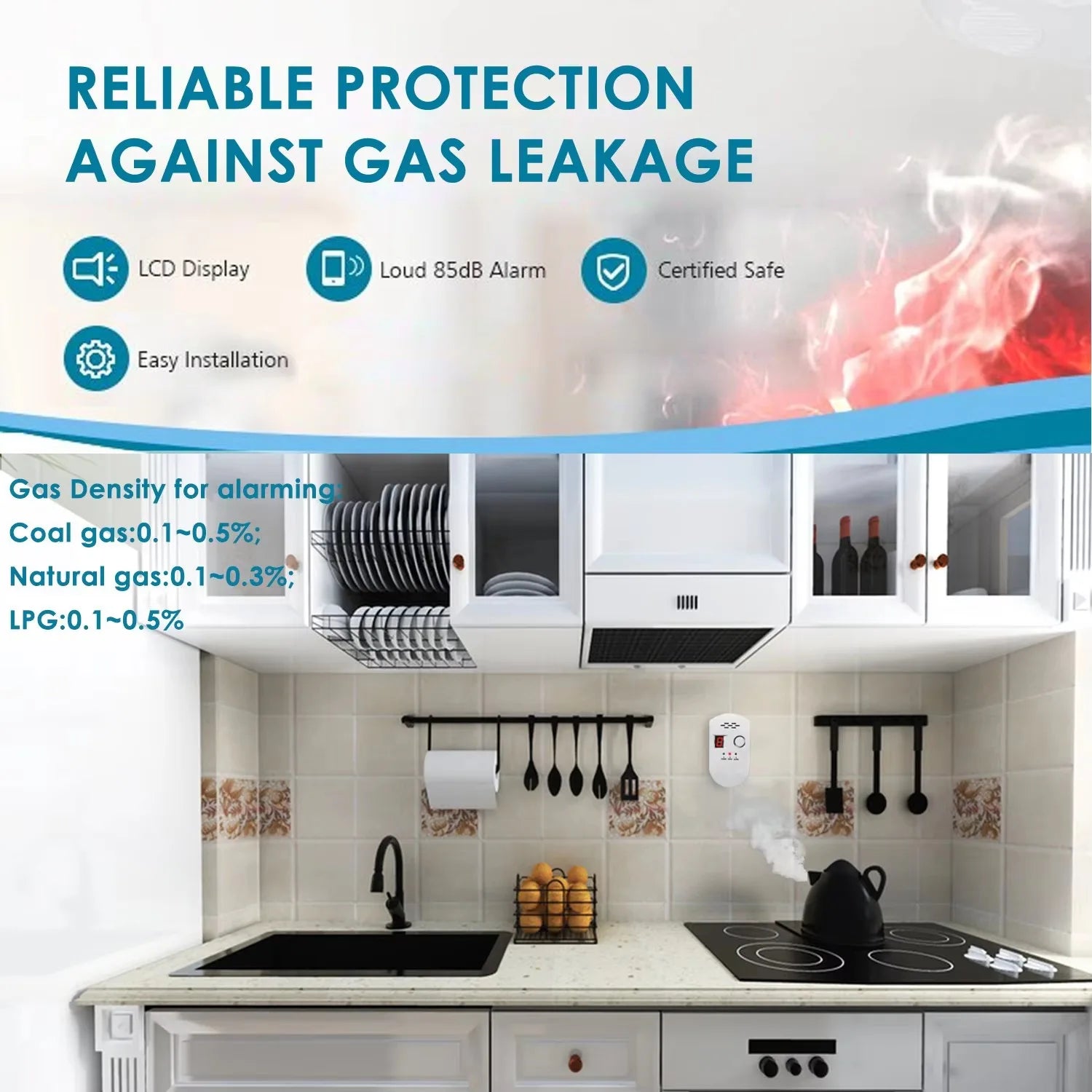 CHZHVAN Gas Detector, LPG/Natural Gas/Charcoal Leak Detector, and Propane Butane Monitor LED Digital Display EU Plug for Kitchen
