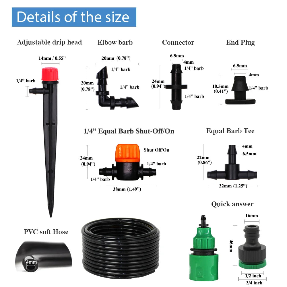 1/4" Hose Drip Irrigation System 360 Degree Adjustable 8 Hole Sprinkler Kit Garden Watering Inserting Ground Micro Flow Dripper
