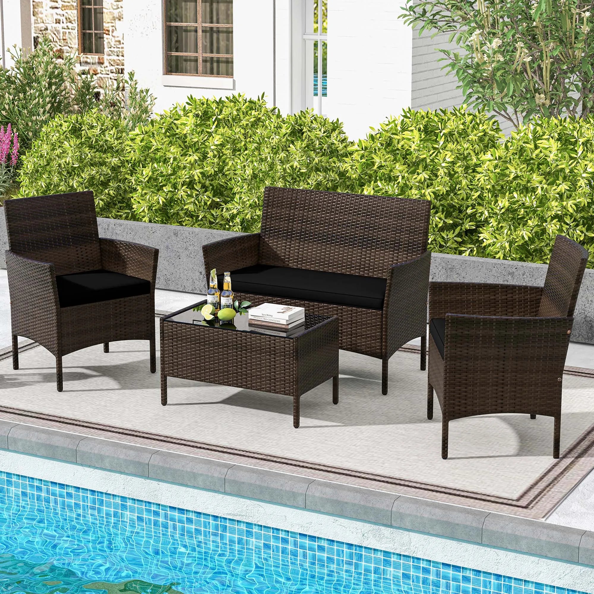 4 PCS Patio Furniture Set with Washable Cushions and Tempered Glass Coffee Table Black